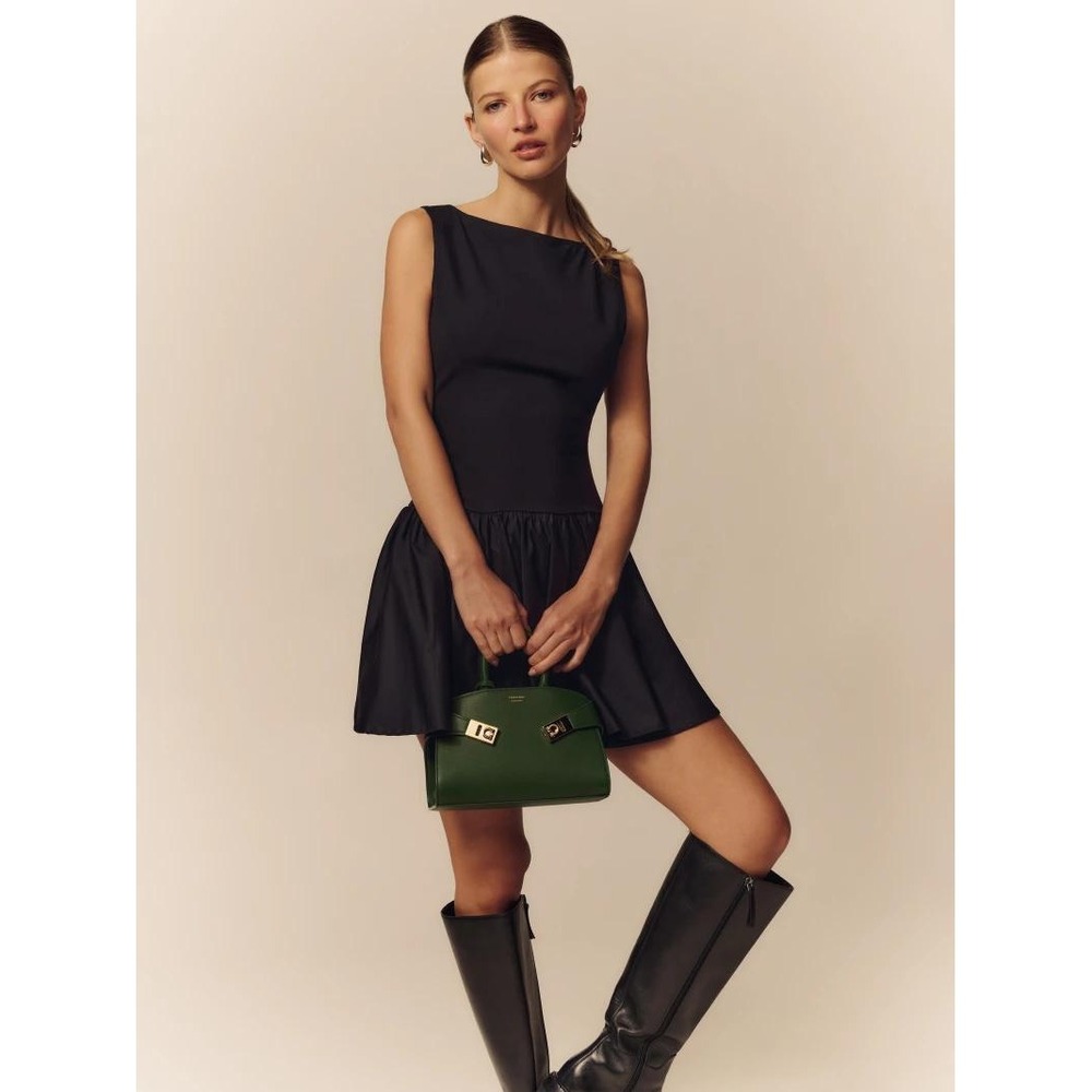 Reformation Defina Knit Dress Pitch Black Drop Waist Bubble Mini Dress Size M